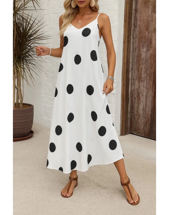 Kadın Ip Askılı Geniş V Yakalı Desenli Süprem Elbise