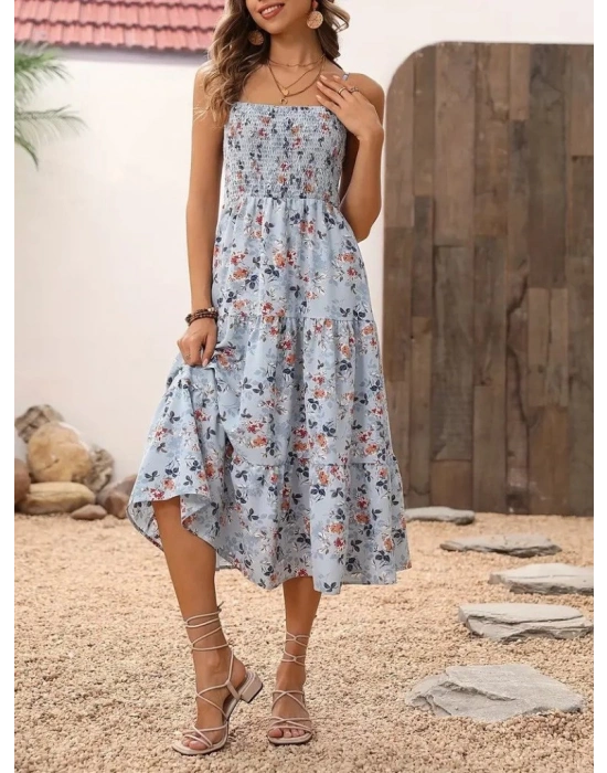 Kadın Ip Askılı Geniş V Yakalı Desenli Uzun Süprem Elbise