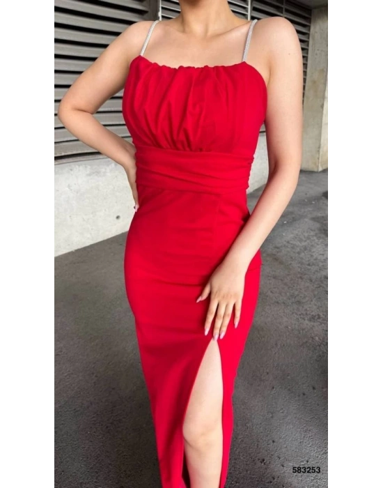Kadın Ip Askılı Gipe Detay Maxi Boy Yırmaçlı Elbise