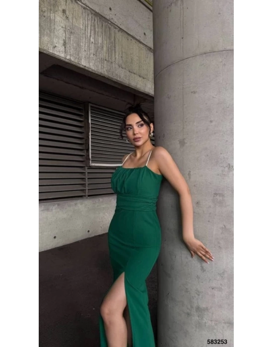 Kadın Ip Askılı Gipe Detay Maxi Boy Yırmaçlı Elbise