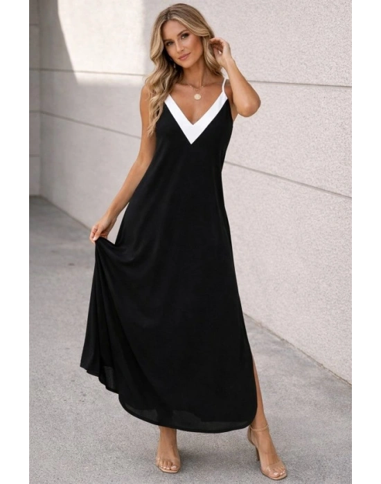 Kadın Ip Askılı Keskin V Yakalı Uzun Viskon Elbise