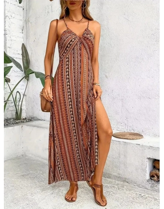 Kadın Ip Askılı Sırttan çapraz Detaylı Yırtmaçlı Desenli Süprem Elbise