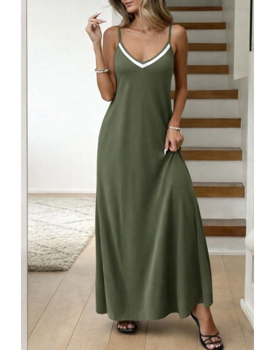 Kadın Ip Askılı V şerit Yakalı Uzun Viskon Elbise
