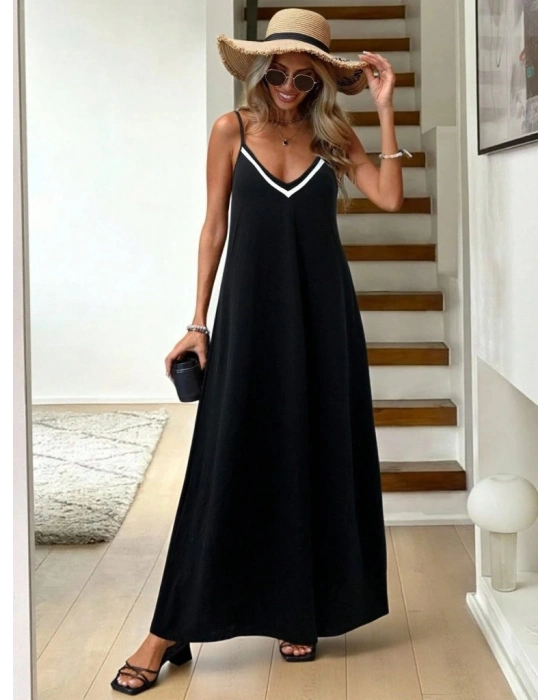 Kadın Ip Askılı V şerit Yakalı Uzun Viskon Elbise