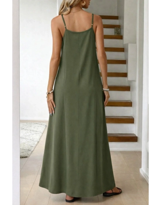 Kadın Ip Askılı V şerit Yakalı Uzun Viskon Elbise