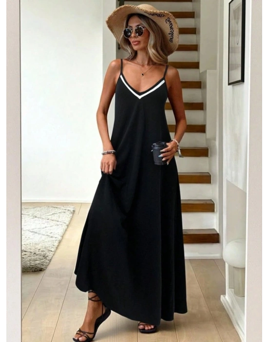 Kadın Ip Askılı V şerit Yakalı Uzun Viskon Elbise