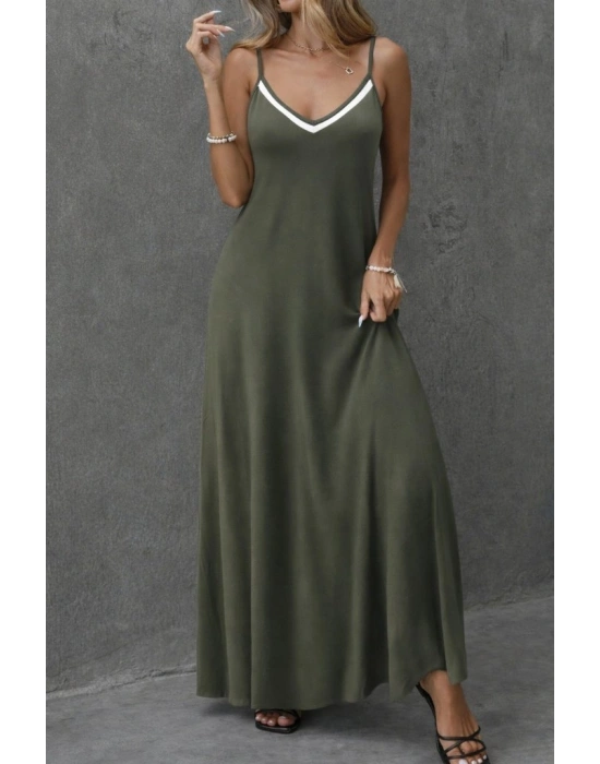 Kadın Ip Askılı V şerit Yakalı Uzun Viskon Elbise
