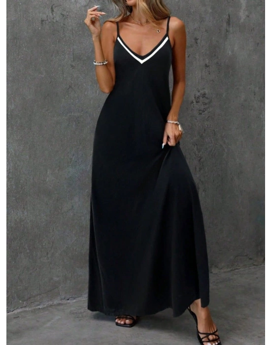 Kadın Ip Askılı V şerit Yakalı Uzun Viskon Elbise
