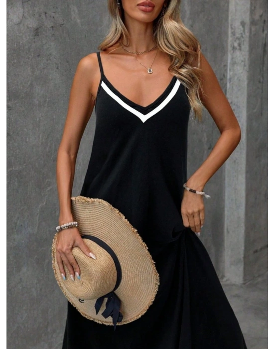 Kadın Ip Askılı V şerit Yakalı Uzun Viskon Elbise