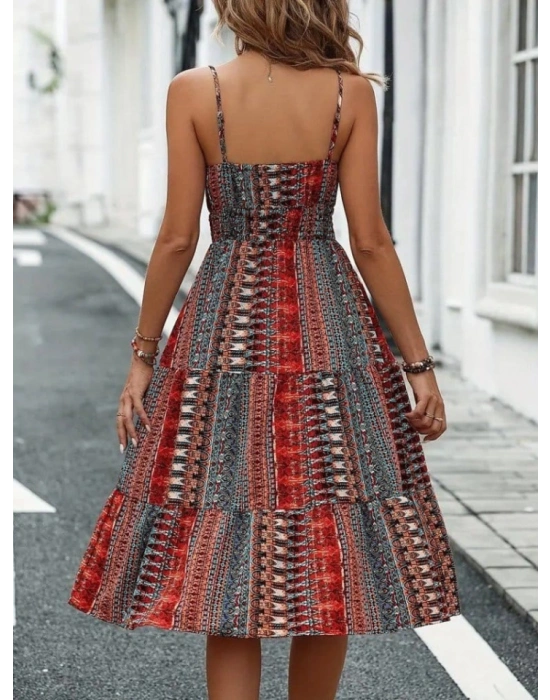 Kadın Ip Askılı V Yakalı Bağcıklı Beli Lastikli Desenli Süprem Elbise