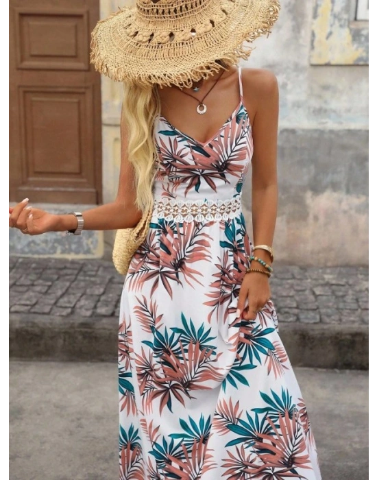 Kadın Ip Askılı V Yakalı Beli Dantelli Uzun Süprem Elbise