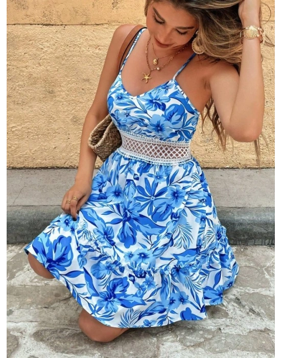 Kadın Ip Askılı V Yakalı Kısa Desenli Süprem Elbise