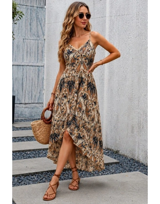 Kadın Ip Askılı V Yakalı önden Asımetrik Detaylı Midi Süprem Elbise