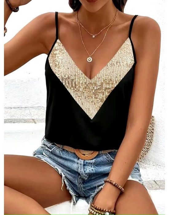 Kadın Ip Askılı V Yakalı Pulpayet Detaylı Sandy Bluz