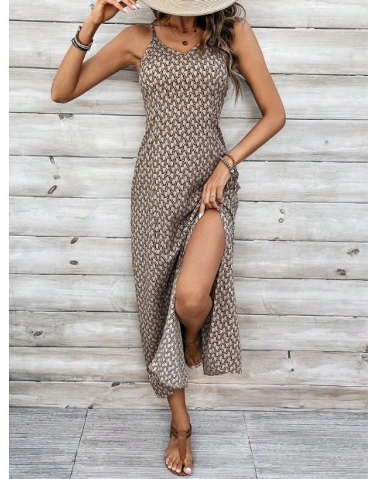 Kadın Ip Askılı V Yakalı Yırtmaçlı Uzun Süprem Elbise