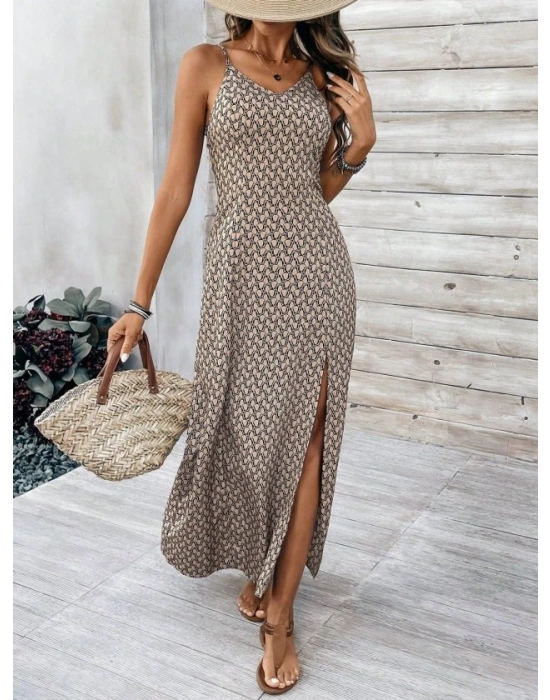 Kadın Ip Askılı V Yakalı Yırtmaçlı Uzun Süprem Elbise