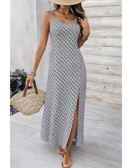 Kadın Ip Askılı V Yakalı Yırtmaçlı Uzun Süprem Elbise