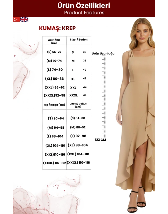 Kadın İp Askılı Volan Detaylı Uzun Yırtmaçlı Abiye Elbise