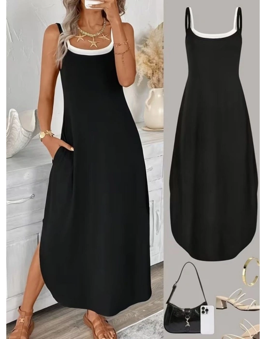 Kadın Ip Askılı Yuvarlak Yakalı Cepli Uzun Viskon Elbise