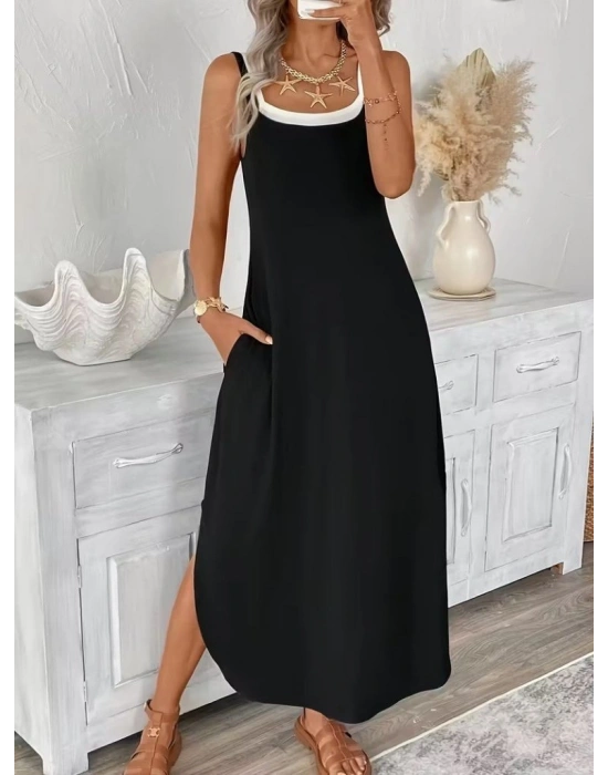 Kadın Ip Askılı Yuvarlak Yakalı Cepli Uzun Viskon Elbise