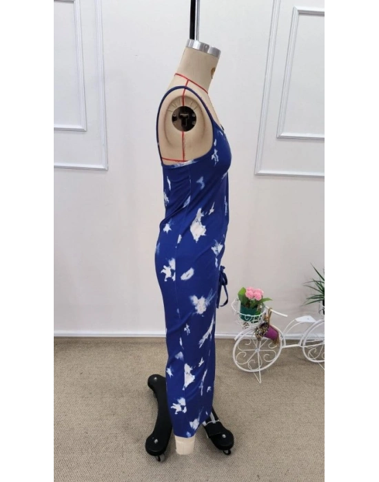 Kadın Ip Askılı Yuvarlak Yakalı Desenli Yandan Büzgülü Midi Süprem Elbise