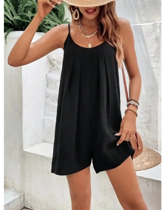 Kadın Ip Askılı Yuvarlak Yakalı Pileli Viskon Tulum