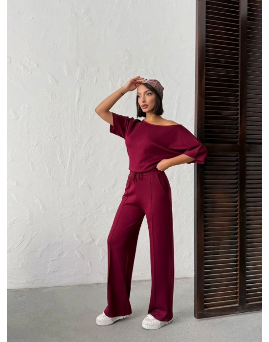 Kadın İsa Kollu Kayık Yaka Bluz Ve Pantolon Misal Kumaş Ikili Takım