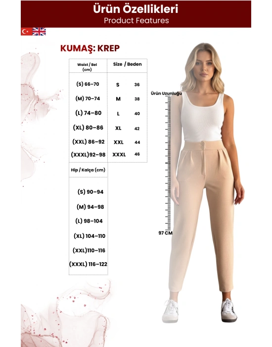 Kadın İthal Krep Full Likralı Havuç Pantolon