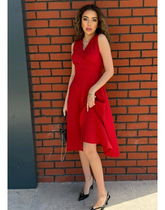 Kadın Ithal Krep Kumaş Kruvaze Yaka Eteği Kloş Kolsuz Mini Elbise