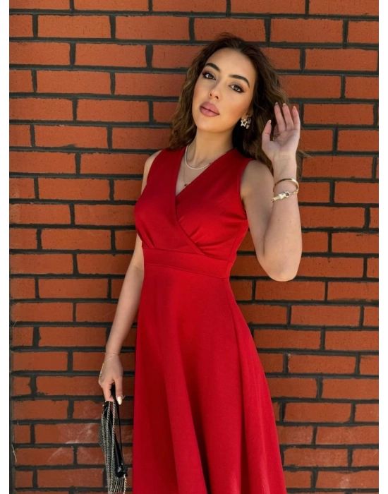 Kadın Ithal Krep Kumaş Kruvaze Yaka Eteği Kloş Kolsuz Mini Elbise