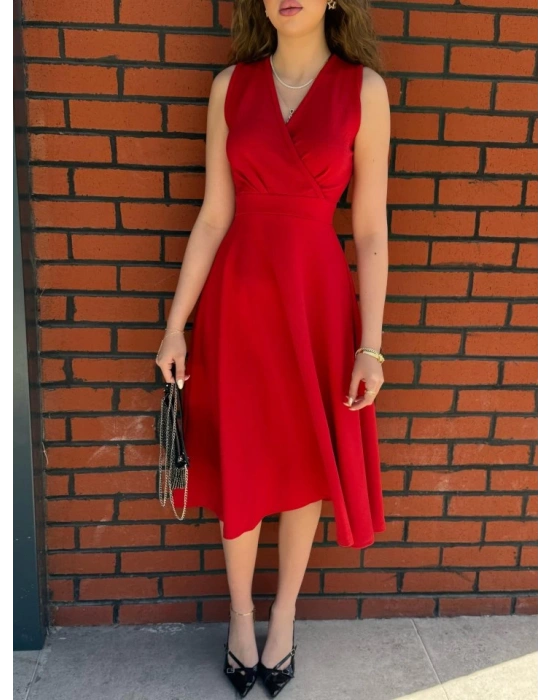 Kadın Ithal Krep Kumaş Kruvaze Yaka Eteği Kloş Kolsuz Mini Elbise