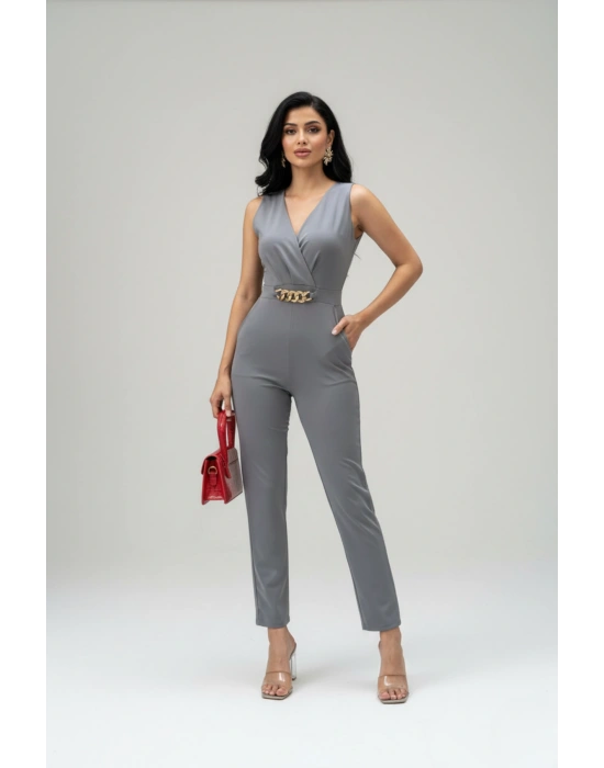 Kadın Ithal Krep Kumaş Zincir Detaylı Tulum