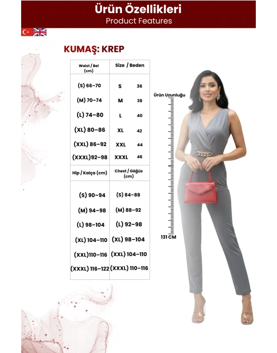 Kadın Ithal Krep Kumaş Zincir Detaylı Tulum