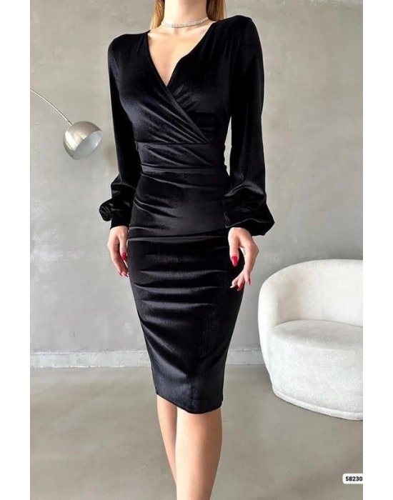 Kadın Kadife Kumaş Kruvaze Yaka Balon Kol Ve Yırtmaç Detaylı Midi Boy Elbise