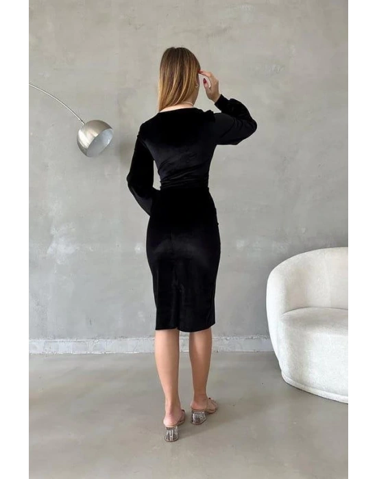 Kadın Kadife Kumaş Kruvaze Yaka Balon Kol Ve Yırtmaç Detaylı Midi Boy Elbise