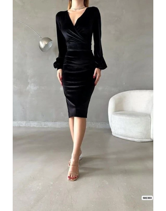 Kadın Kadife Kumaş Kruvaze Yaka Balon Kol Ve Yırtmaç Detaylı Midi Boy Elbise