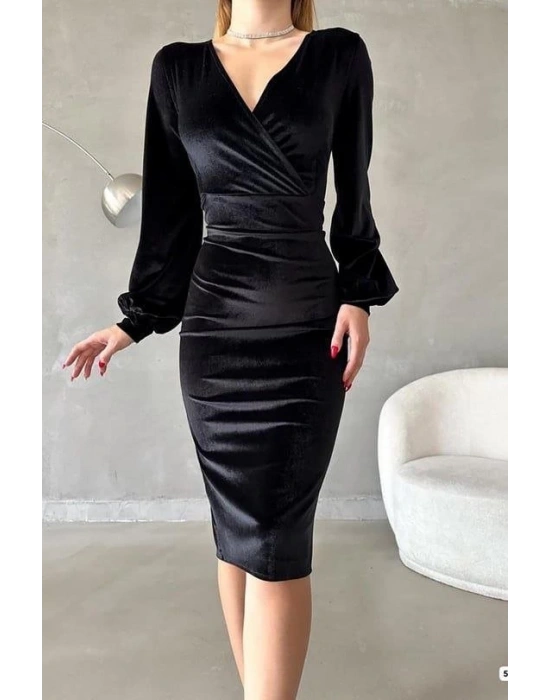 Kadın Kadife Kumaş Kruvaze Yaka Balon Kol Ve Yırtmaç Detaylı Midi Boy Elbise