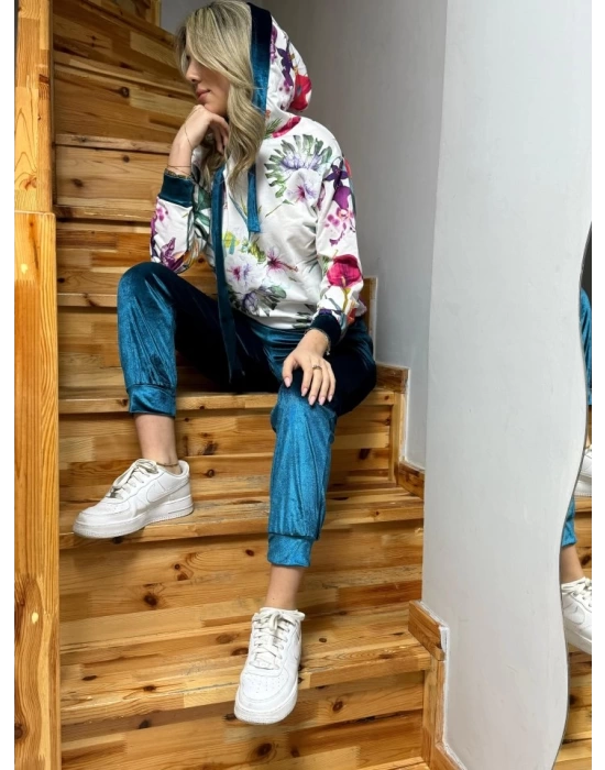 Kadın Kadife Kumaş Uzun Kollu Kapüşon Detay çiçek Baskılı Sweat Ve Pantolon Ikili Takım