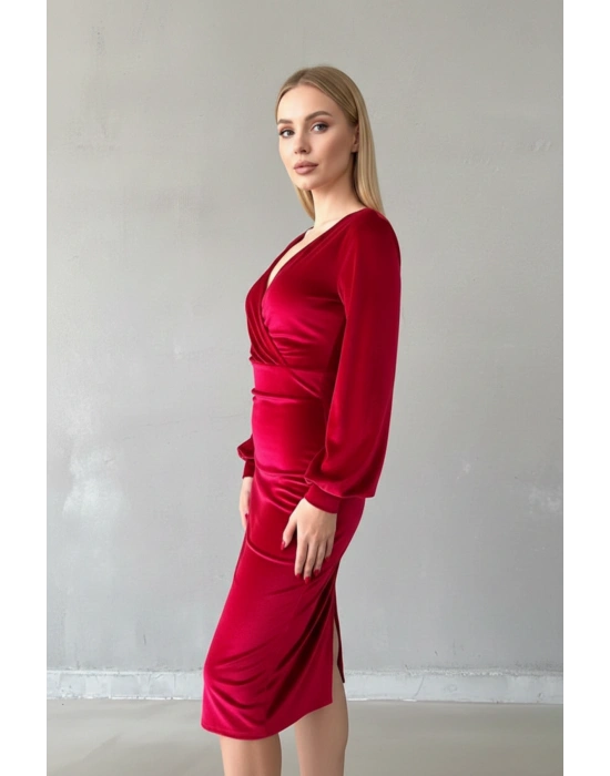 Kadın Kadife Kumaş Uzun Kollu Kruvaze Elbise