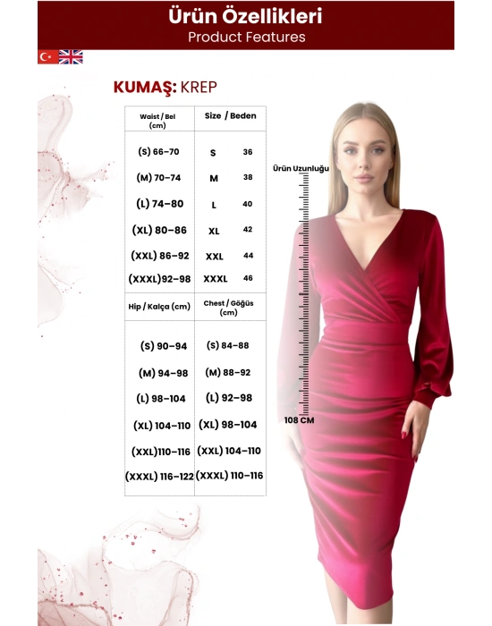 Kadın Kadife Kumaş Uzun Kollu Kruvaze Elbise