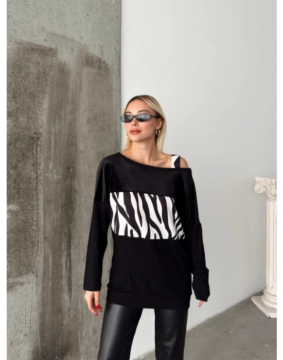 Kadın Kadife Kumaş Zebra Desenli Omuz Detay Uzun Kollu Bluz