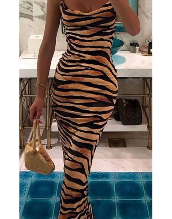 Kadın Kadın Ip Askılı Dökümlü Yaka Zebra Desen Maxi Boy Elbise