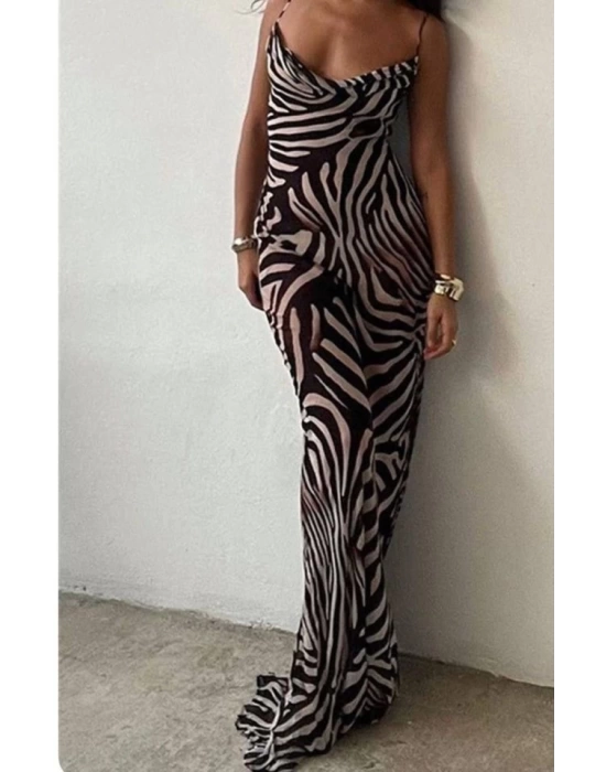 Kadın Kadın Ip Askılı Dökümlü Yaka Zebra Desen Maxi Boy Elbise