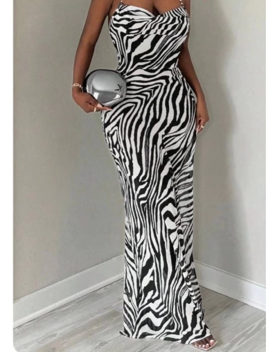Kadın Kadın Ip Askılı Dökümlü Yaka Zebra Desen Maxi Boy Elbise