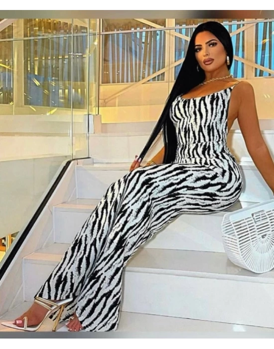 Kadın Kadın Ip Askılı Dökümlü Yaka Zebra Desen Maxi Boy Elbise