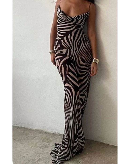 Kadın Kadın Ip Askılı Dökümlü Yaka Zebra Desen Maxi Boy Elbise