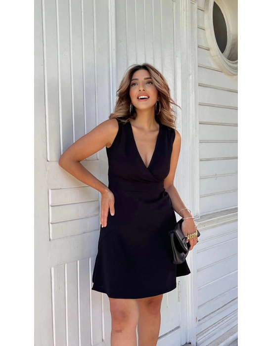 Kadın Kalın Askılı Kruvaze Yaka Eteği Volanlı Krep Elbise