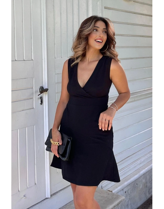 Kadın Kalın Askılı Kruvaze Yaka Eteği Volanlı Krep Elbise