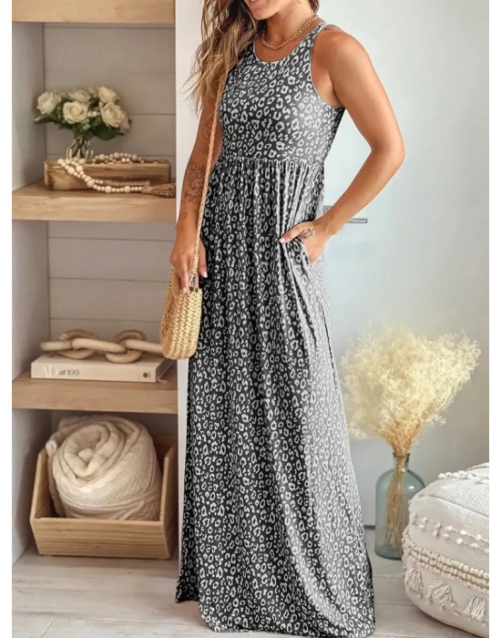 Kadın Kalın Askılı Yuvarlak Yaka Cepli Süprem Maksi Elbise