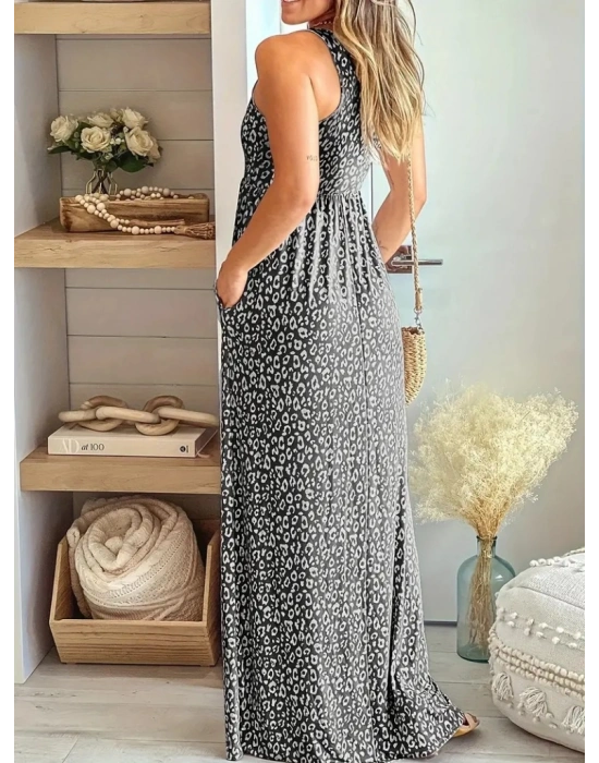 Kadın Kalın Askılı Yuvarlak Yaka Cepli Süprem Maksi Elbise